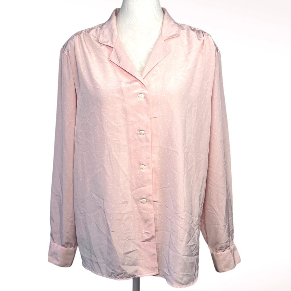 Vintage Pink Polka Dot Blouse Made In USA Long Sleeve Shoulder Pads Size 8